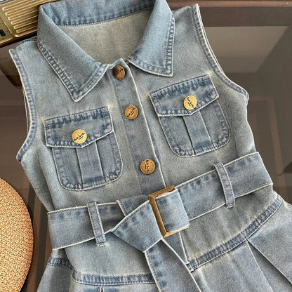 Summer New Girls Denim Dress Belt Decoration Lapel Collar Sleeveless Tutu Princess Dress For 2 -10 Years Kids Fashion Dress