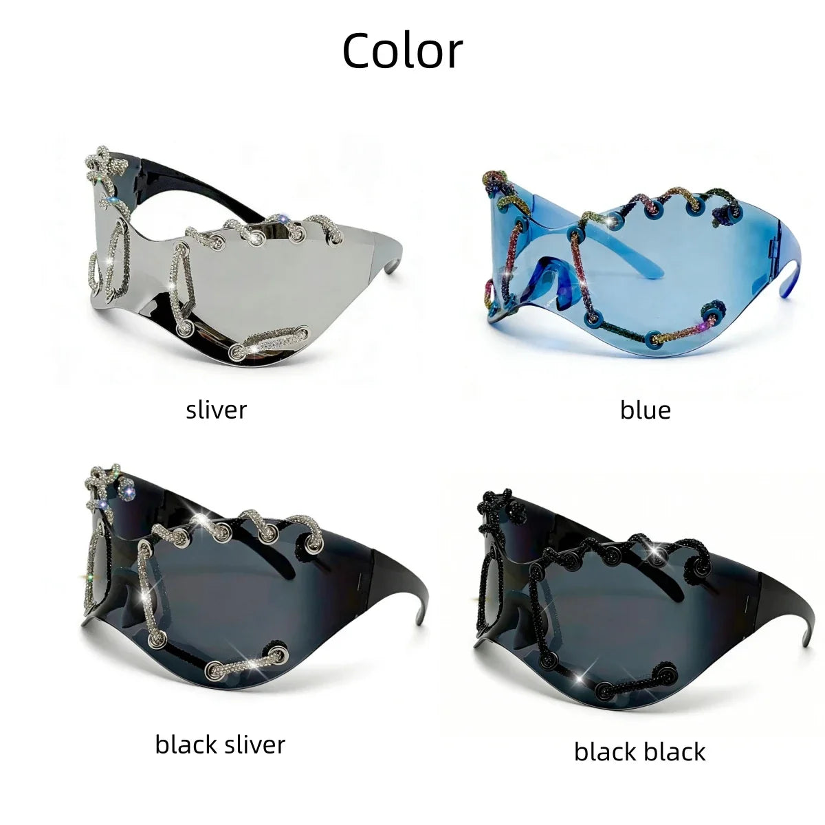Women's Exaggerated Oversized One-Piece Rhinestone Chain Sunglasses Y2K Retro Futuristic Fashion Silver Goggles Shades for Party