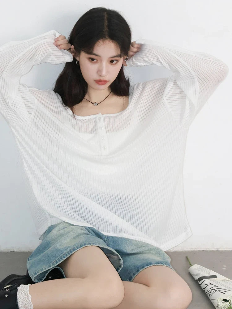 Women T-Shirts Casual Loose New Slightly Transparent O Neck Female Top Thin Sun Protection Tees Spring Summer 2025