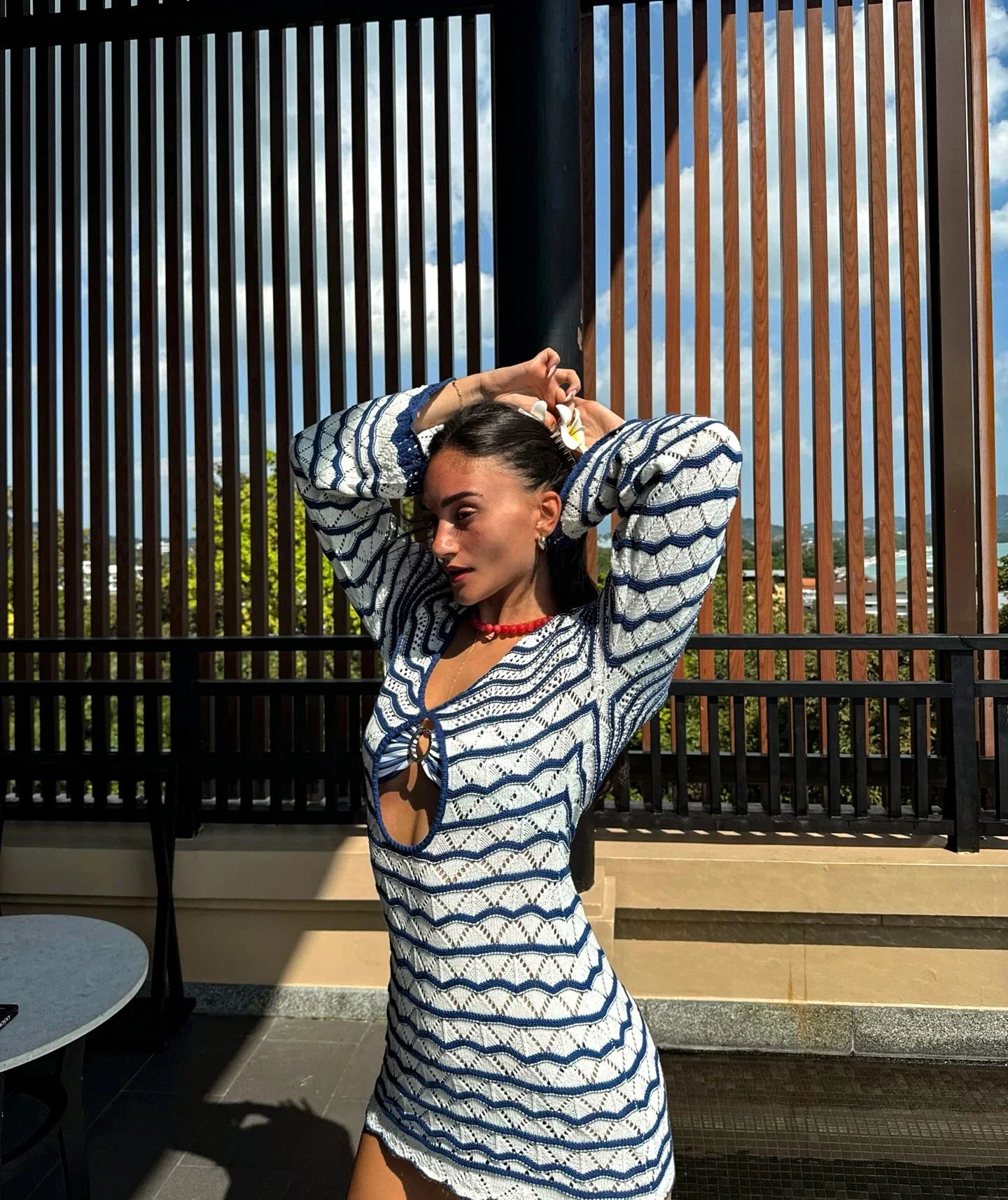 Reto Blue Striped Bell Sleeve Knit Dress Sexy V-neck Cut Out 2025 Summer Women Seaside Holiday Mini A-Line Dresses K123