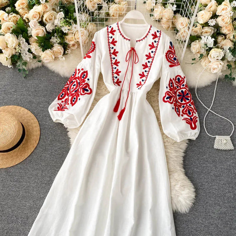n Sle Embroidered Flower Long Sve Loose Fit Lantern Sve Gathered Slimming A-Line Dr Women's round Ne Dr