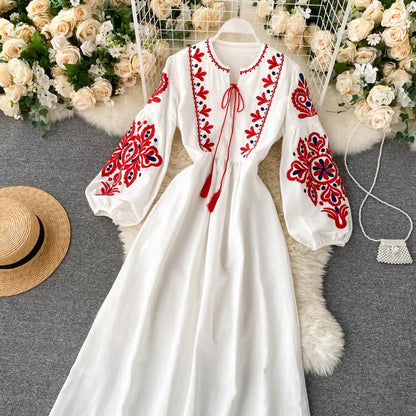 n Sle Embroidered Flower Long Sve Loose Fit Lantern Sve Gathered Slimming A-Line Dr Women's round Ne Dr