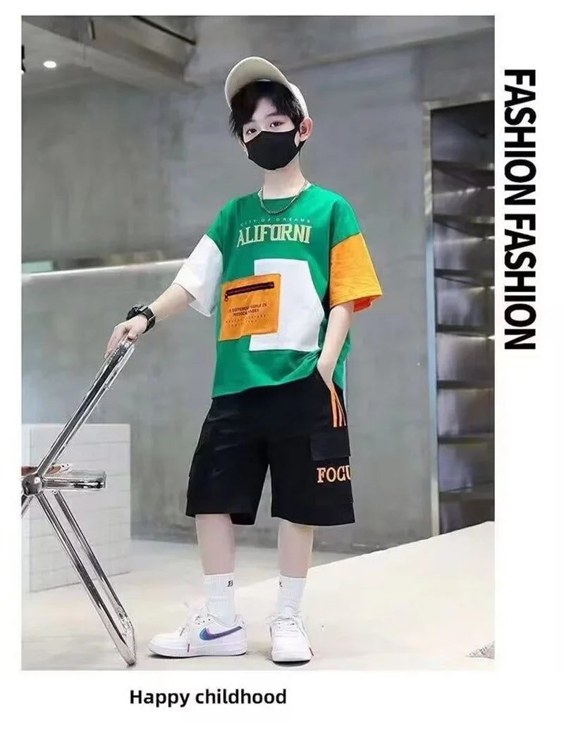 Summer Boys Clothes Sets Teenager Casual Outfits Kids Print T-shirt +Shorts 2Pcs Children Short Sleeve Tracksuit Suits 5-12 Year
