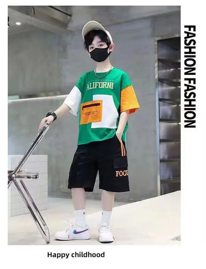 Summer Boys Clothes Sets Teenager Casual Outfits Kids Print T-shirt +Shorts 2Pcs Children Short Sleeve Tracksuit Suits 5-12 Year