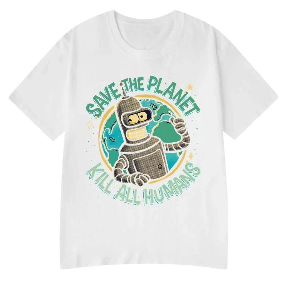 Funny Save The Planet Kill All Humans Robot Graphic Print T Shirt Women Fashion Summer Short Sleeve T-shirt Clothing streetwear