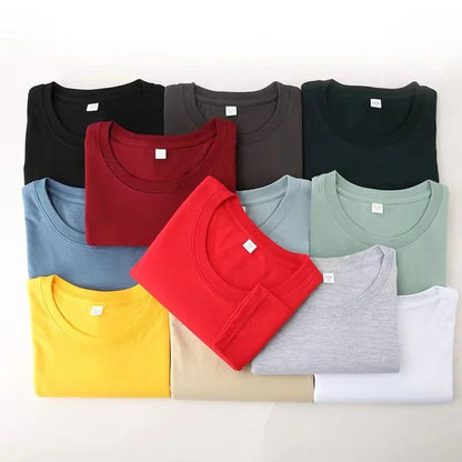 Men's Solid Color round Neck Long Sleeve T-Shirt Cotton Summer Comfortable Breathable Casual Top in Various Colors