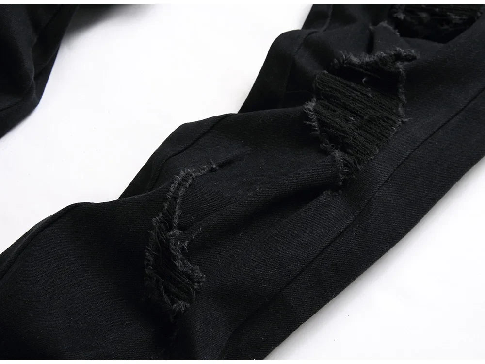 Men Snake Embroidery Jeans Streetwear Black Stretch Denim Pants Holes Ripped Distressed Slim Straight Trousers