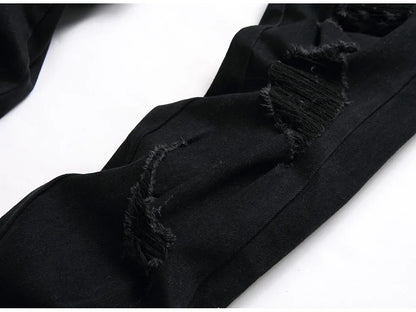 Men Snake Embroidery Jeans Streetwear Black Stretch Denim Pants Holes Ripped Distressed Slim Straight Trousers