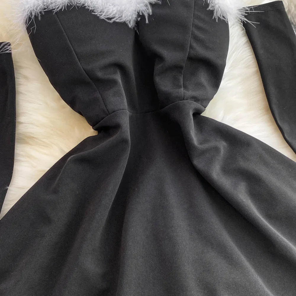 Women's Christmas Dress Sexy Low-cut Waist Thin Big Pendulum Fluffy Splicing Suspender Tube Ling Dress Red