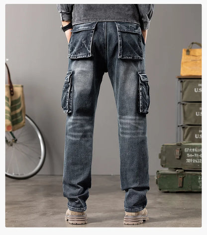 Autumn and winter new styles Men's Outdoor Wide Leg Workwear Multi-Pocket Jeans Straight fit plus size men's jeans  42 44
