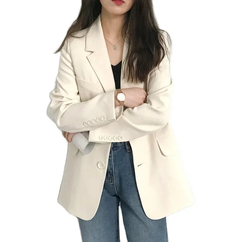 Elegant Casual Loose Long Sleeve Women's Small Suit Jacket Korean Style Spring Autumn Chic Polyester Fiber Button Decoration