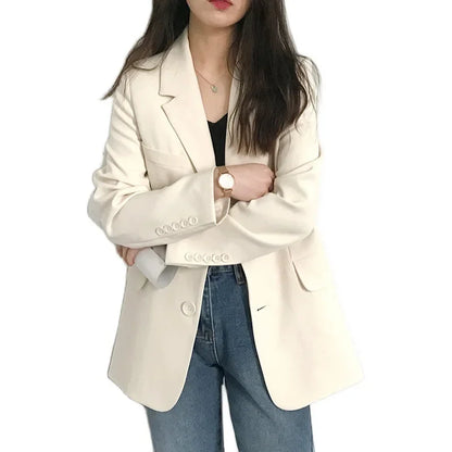 Elegant Casual Loose Long Sleeve Women's Small Suit Jacket Korean Style Spring Autumn Chic Polyester Fiber Button Decoration