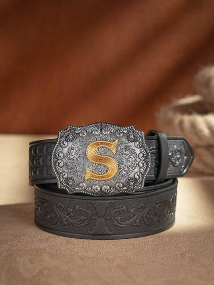 Western Cowboy PU Leather Belt - Men Waist Strap Bull Decoration Floral Engraved for Jeans