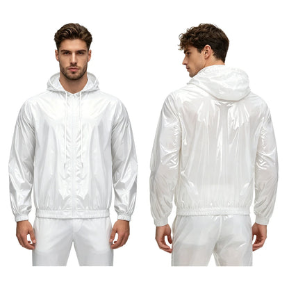 Mens Waterproof Hooded Raincoat Long Sleeve Front Zipper Rain Jacket Windbreaker with Drawstring Hood for Hiking Fishing Biking