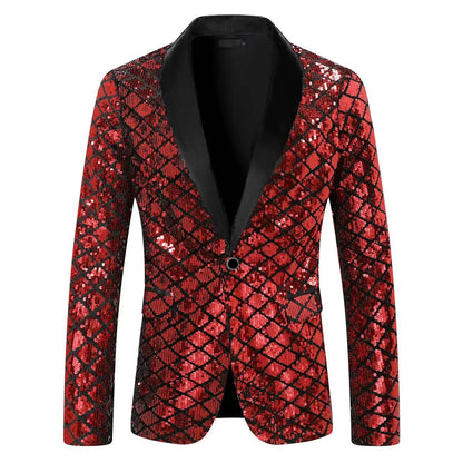 Men's Gold Suit Jacket, Wedding Party Dress Coat, Silver Blue Black Round Metallic Sequin Decoration Blazers.