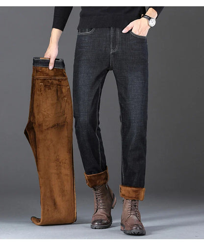 Men New Winter Classics Fleece Thick Warm Jeans Men's Loose Straight Elastic Denim Pants Casual Plush Trousers Large Size 28-40