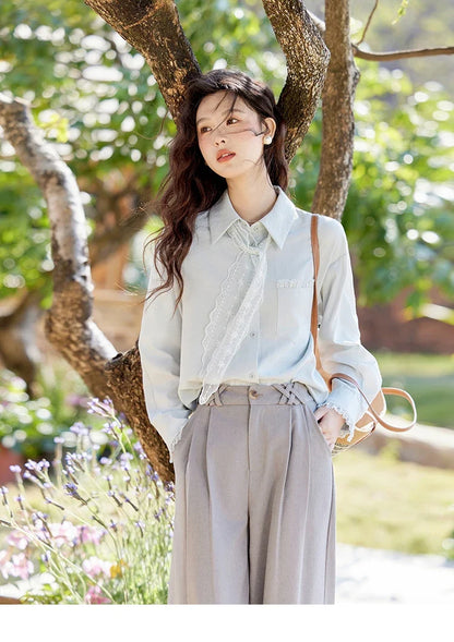 French Spring Blouses Women 2025 New Long Sleeve Turn-down Collar Loose Shirts Female Fashion Lace Casual Tops MXE16C0760
