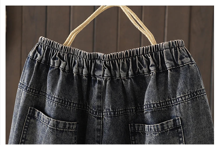 Fashion Y2K Women's Jeans plus Size Elastic Waist patch embroidery print Harem Pants Autumn Vintage Loose Ripped Denim Pants