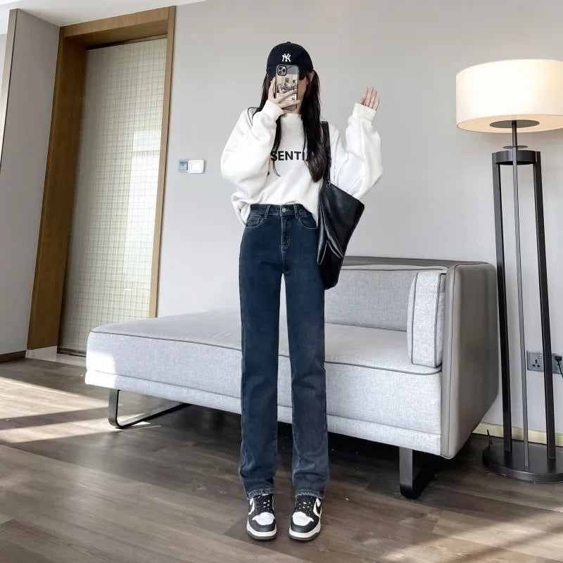 Black 2024 Winter Straight Fleece Jeans Women Casual Vintage Warm Thick Loose High Waist Elastic Velvet Denim Pants