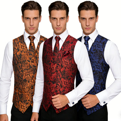 Mens Royal Blue Red Bronwn Orange Vest Tie Hanky Cufflinks Set Paisley Waistcoat Sleeveless for Male Wedding Busniess