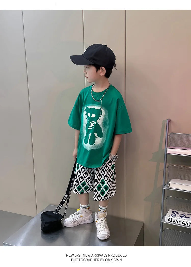 Summer Boys Cotton Short-Sleeved T-shirt Tops+Drawstring Shorts Pant School Kids 2PCS Tracksuit Child Outfit Workout Set 3-14 Yr