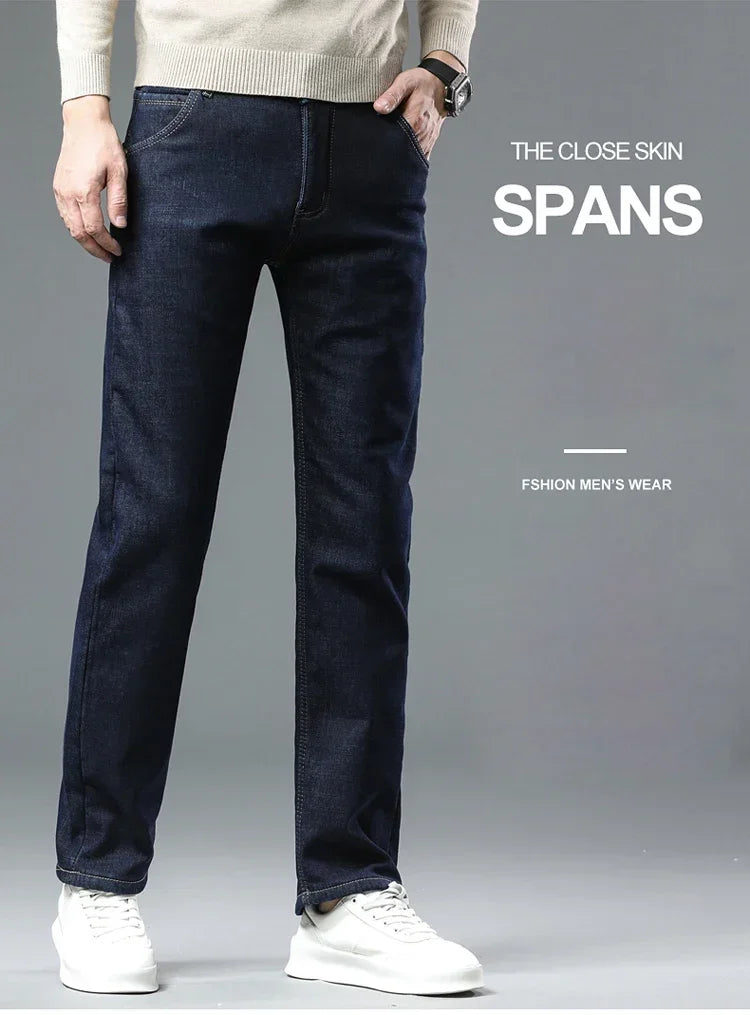 Winter Warm Fleece Jeans Men 2023 Straight Stretch Thick Casual Thermal Denim Pants Male Business Work Trousers New Men Clothing
