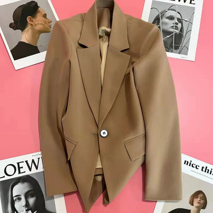 Women Fashion Single Button Blazer Vintage with Pockets Notched Neck Jacket Female Loose Version Long Sleeves Suit Outwear Tops