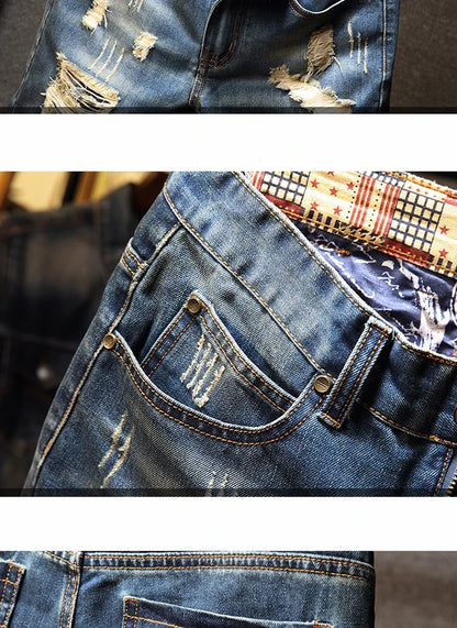 Streetwear Men's Ripped Denim Shorts Straight Slim Fashion Hip Hop Short Pants Big Hole Vintage Knee Length Jeans