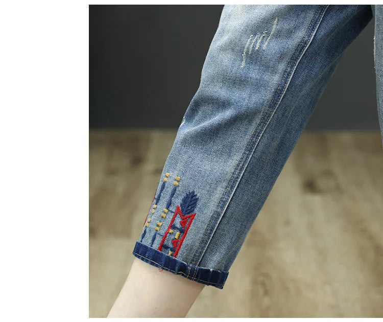 Fashion Summer Ladies Ripped Loose Jeans Womens Leisure Embroidery Denim Trousers Vintage Females Elastic Harem Pants