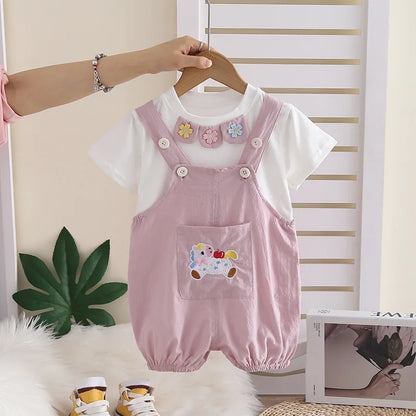 New Summer Suits for Baby Chinese Embroidery Kids Tshirt +Cartoon Horse Overalls 2pcs/sets Toddler Girl Fashion Clothing Outfits