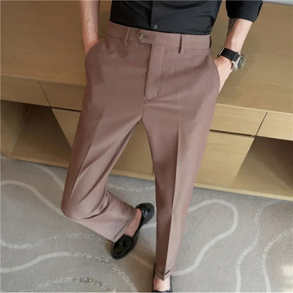 2024 New Men's Slim Fit Tapered Dress Pants Apricot Pearlescent Texture Business Casual Suit Trousers Spring Clothes