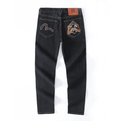 Japanese Handmade Embroidered Jeans Men's Pure Cotton Straight Tube Hip-Hop Popular Slim Red Ears Show Thin Trousers Devil Big M