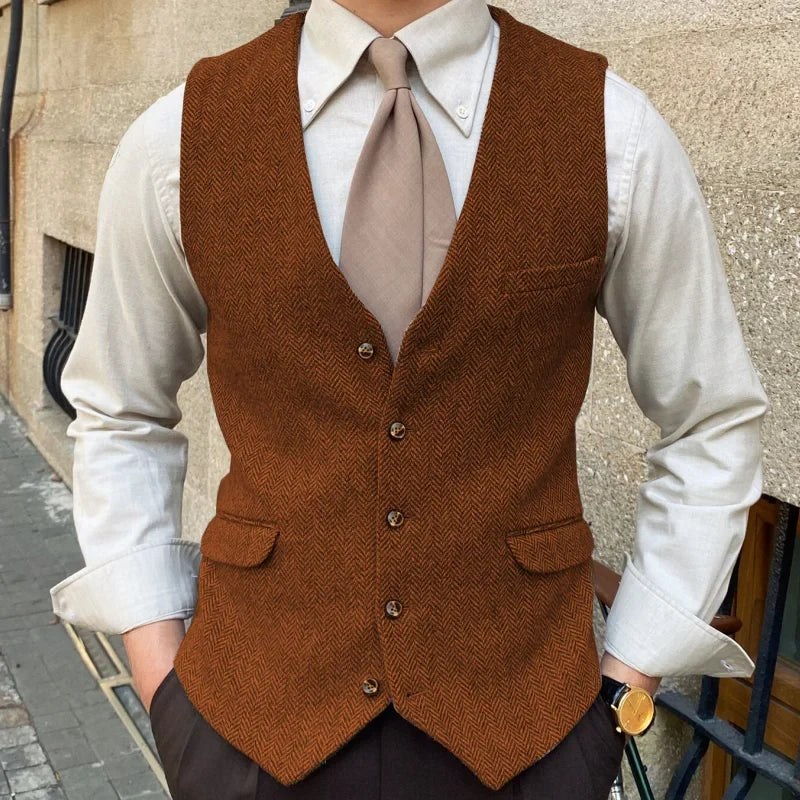 Men Vest Blue Herringbone Solid Color Single Button Waistcoat For Wedding Business Banquet Work Formal Men Suit Vest