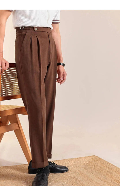 2025 New Italian Style Double Pleated Neapolitan Mens Formal Pants Casual Business Straight Leg High Waist Office Trousers Men