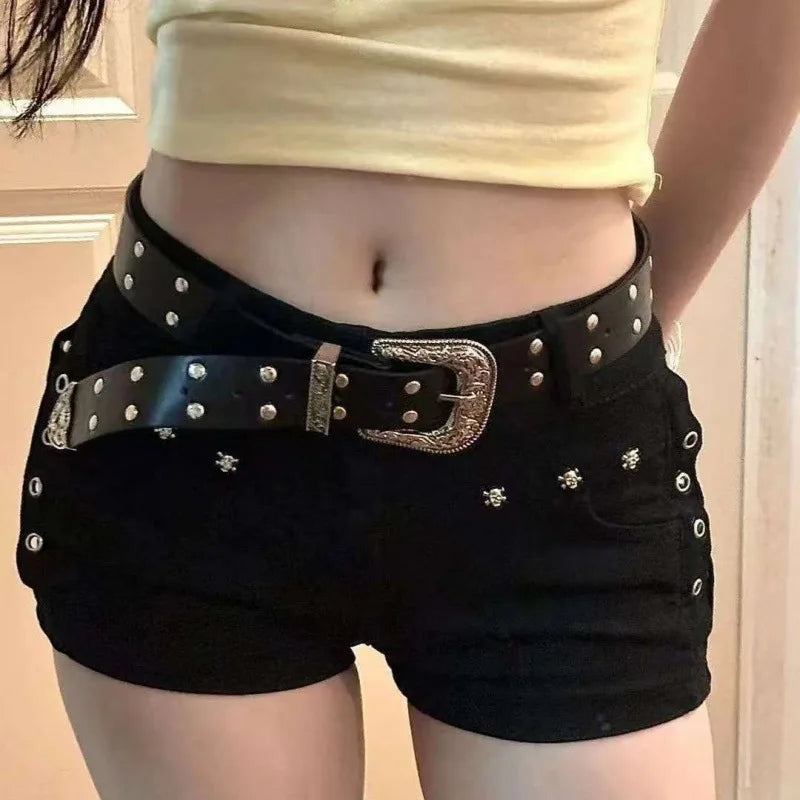 Women'S Punk Gothic Popular Denim Super Shorts Female Korean Fashion Slin Fit Hot Short Pants Black Sexy Low Waist Y2K Jean Shor