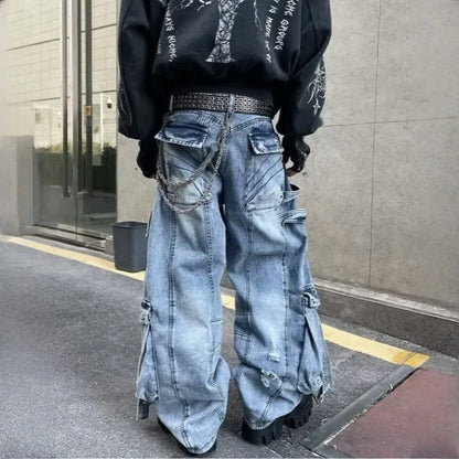 2025 Cyber Y2K Streetwear Washed Blue Baggy Ripped Cargo Jeans Pants For Men Clothing Wide Leg Vintage Loose Punk Denim Trousers