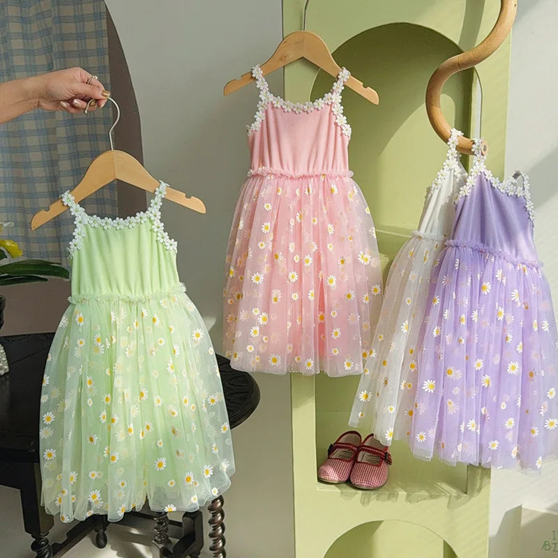 Girls Casual Dresses Little Daisy Flower Mesh Dress for Girls Summer Camisole Pompadour Dress Girls Clothes for2 To 7 Years