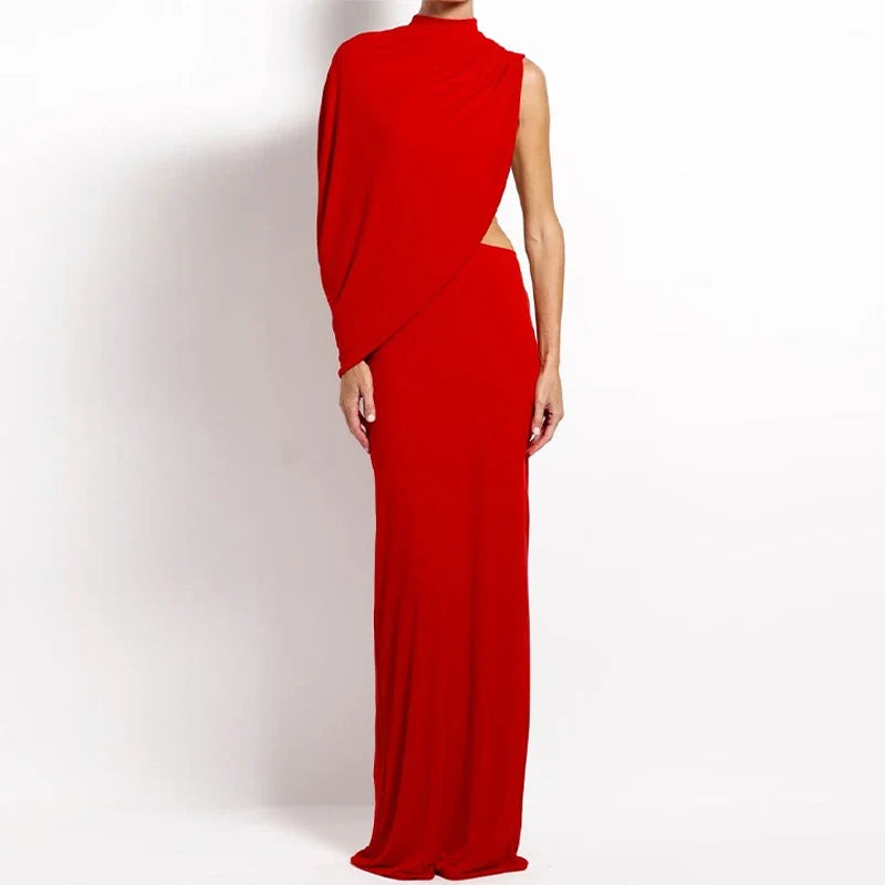 Red Asymmetrical Draped Backless Maxi Dress One Shoulder High Neck Cutout Bodycon Evening Gown For Women Formal Party