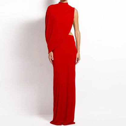 Red Asymmetrical Draped Backless Maxi Dress One Shoulder High Neck Cutout Bodycon Evening Gown For Women Formal Party