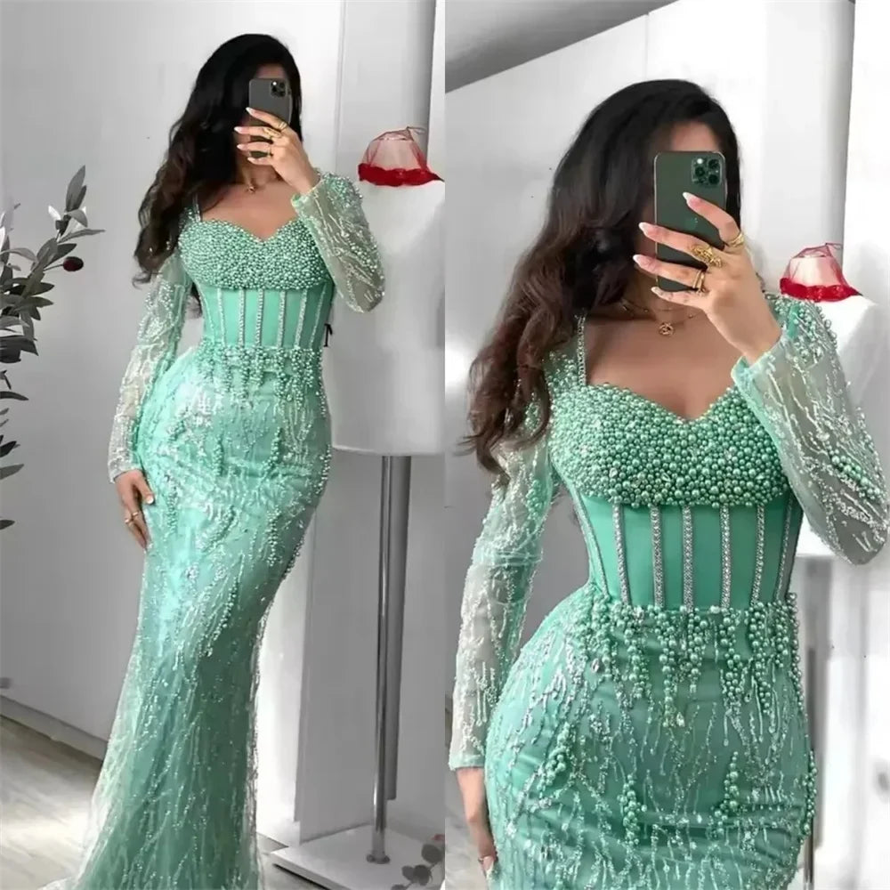 Contessa Custom Luxury Mint Green Mermaid Evening Gown Long Sleeve Corset Heavy Beaded Pearls Dubai Prom Dress Formal Party