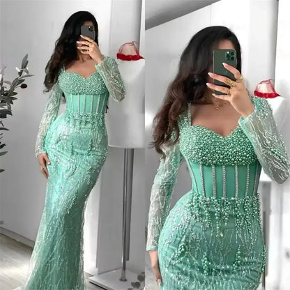 Contessa Custom Luxury Mint Green Mermaid Evening Gown Long Sleeve Corset Heavy Beaded Pearls Dubai Prom Dress Formal Party