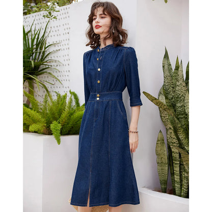 Women Denim Dress Retro Style Casual 2024 Spring Round Neck Three-quarter Sleeve Slim Fit A-line Fishtail Dress