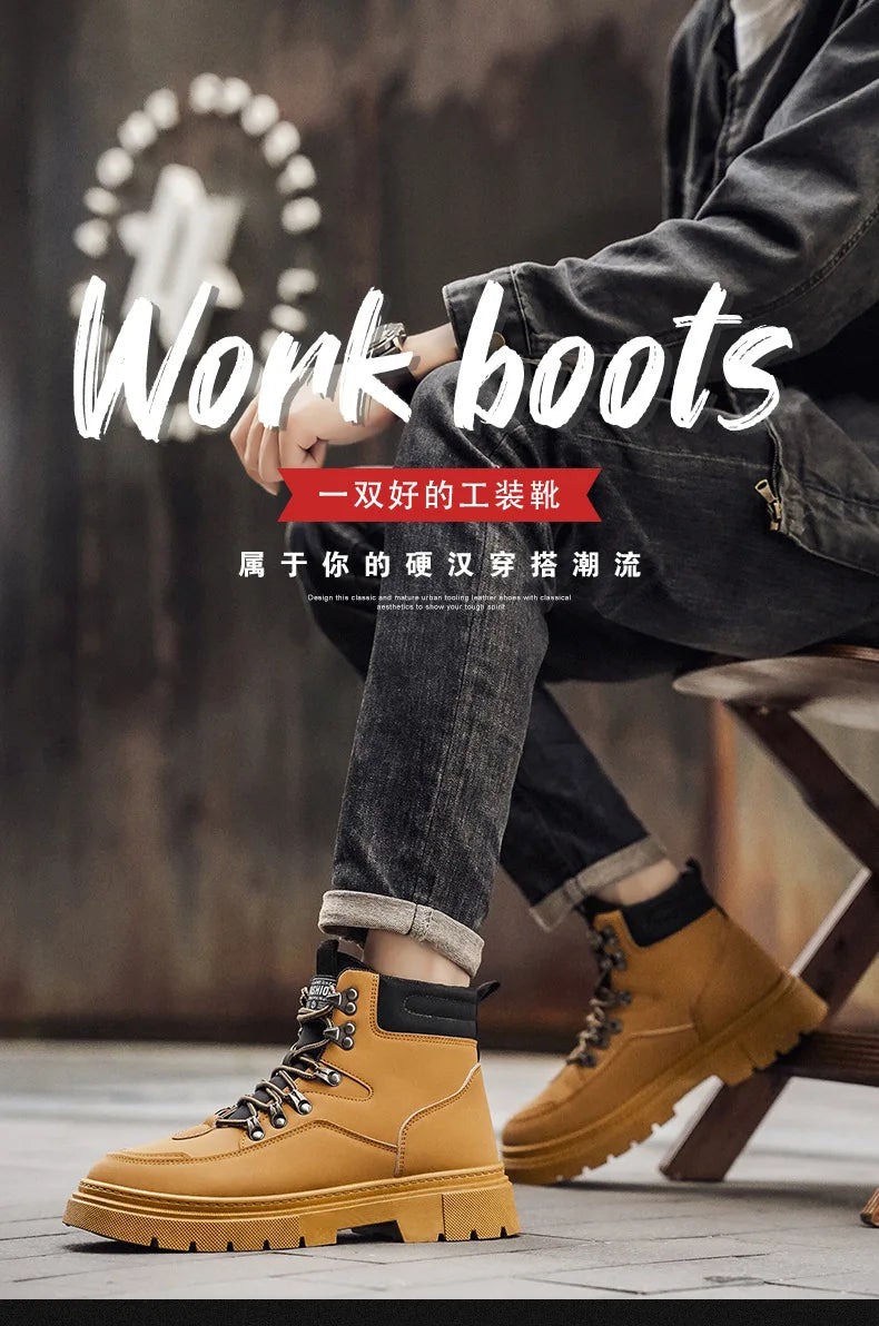 New Men's Leather Boots Brand Retro Comfortable Boots for Men 2026 Fashion High Top Non Slip Casual Shoes Business Work Shoes