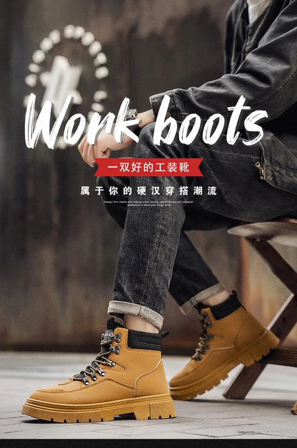 New Men's Leather Boots Brand Retro Comfortable Boots for Men 2026 Fashion High Top Non Slip Casual Shoes Business Work Shoes