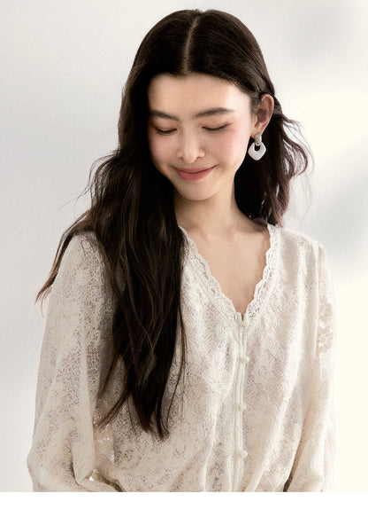 Women's Lace V Neck Long Sleeve Shirts 2026 Spring Drawstring Waist Ruffled Hem Casual Loose Apricot Blouse MXF108X0998