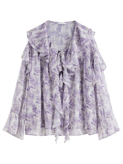 French Rose Ruffle Collar Shirt Women 2025 Summer New Commuter Long-sleeved Top 25FS12769
