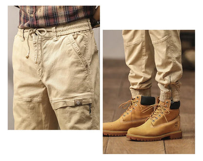 Cotton Men's Cargo Pants Elastic Waist Stretch Trouser Male Multi Pocket Casual Jogger Fit Ankle Length Zipper Purple Drawstring