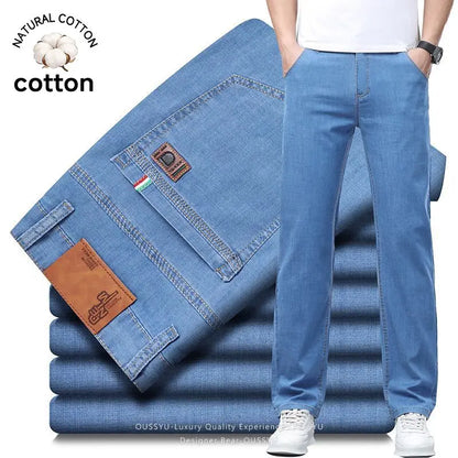 Summer Thin Men's Elastic Cotton Jeans Fashion Business Straight Casual Denim Pants Male Work Clothes Slim Trousers Plus Size 40