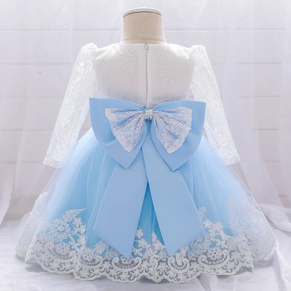 Long Sleeve Baby Girls Dress Newborn White Baptism Tulle Party Wedding 1st Birthday Princess Dresses Infant Girls Bow Prom Gown