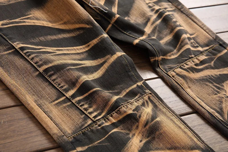 2026 Men's Fashion Vintage Jeans Slim Straight Leg Tie Dye Pleated Biker Denim Pants Male Casual Pants Oversized 42 High Quality